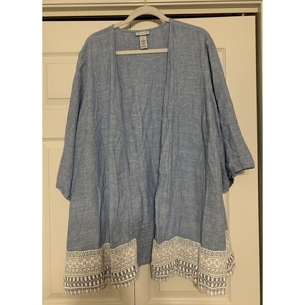 Catherines Linen Blend Chambray Blue & Crochet Lace Open Cardigan Size 3X (X26)
